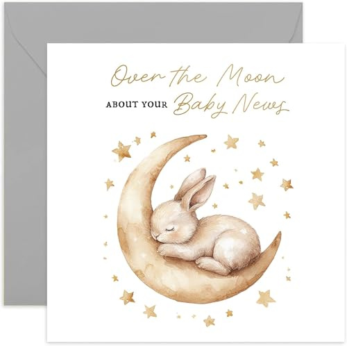 Premium Pregnancy Congratulations Greeting Card, New Baby Announcement Gifts for Him and Her, Mummy Daddy To Be, Bunny Rabbit Crescent Moon Artwork, Newborn, Blank Inside