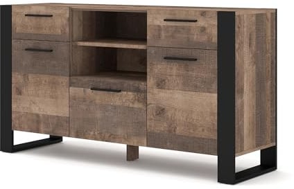 BIM Furniture Nuka Sideboard 61 x 17.7 x 34.3 in (155 x 45 x 87 cm) Oak Grange – Modern Cabinet with 2 Drawers, 2 Open Compartments, 3 Doors – Storage Unit for Bedroom, Living Room, Hallway