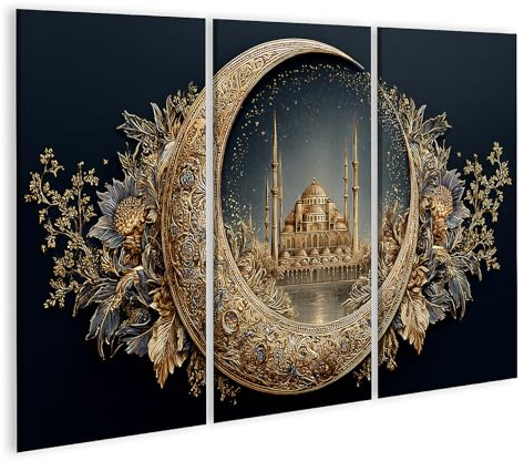 islandburner Bild auf Leinwand Elegantes Wandbild mit Halbmond und Moscheen-Silhouette - 3-teilig - Edition H1