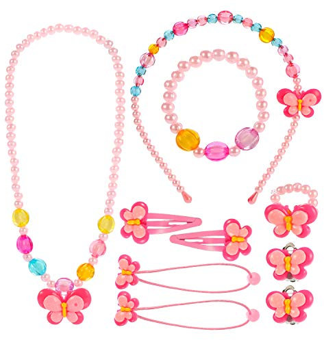 Hifot Kinderschmuck Kleine Mädchen Halskette Armband Ring Clip-on Ohrringe Haar Klammern Einstellen Set, Modeschmuck Party Favors Geschenk zum Anziehen Pretend Play