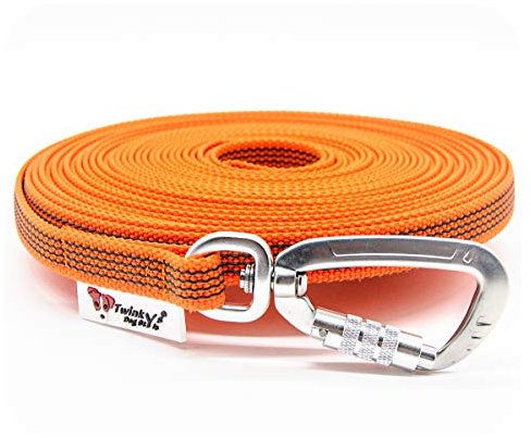 Twinkys Dog Style Schleppleine gummiert mit Sicherheitskarabiner 15 mm breit für Hunde bis 50 kg - MIT Handschlaufe 30 Meter Orange Made in Germany