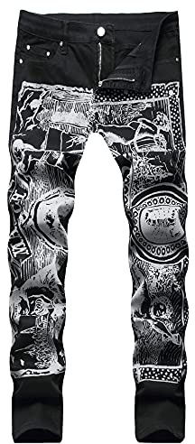 Kengue Men's Straight Slim Fit Printed Jeans Skinny Denim Pants, Z 99-black, 32