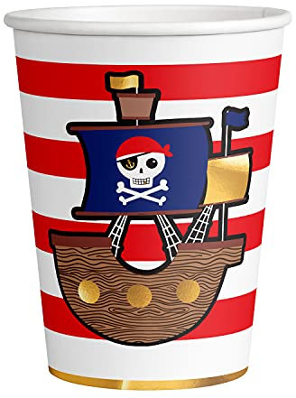 Amscan 9909913 - Party-Becher Pirat, 8 Stück, Füllmenge max. 250 ml, Einweg-Geschirr, Kinder-Geburtstag, Tisch-Dekoration, Geschenk, Motto-Party