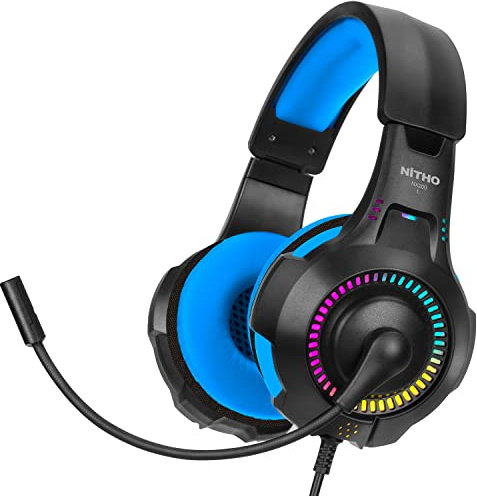 NITHO NX200 Cuffie Gaming per PS4/PS5/Switch/Xbox One/Xbox Series XS/PC/Mobile/Tablet, Microfono Cardioide Pieghevole, Effetto Luce RGB, Jack Audio 3.5 mm - Blu