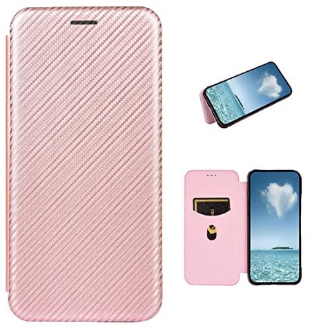COQUE Étui Apple iPhone 13, étui Portefeuille en Cuir avec Fente pour Carte, étui en TPU en Cuir de Fibre de Carbone pour Apple iPhone 13-Rose