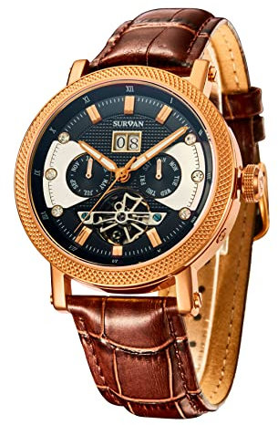 SURVAN WatchDesigner Watch for Men Sapphire Crystal Mechanical Skeleton Automatic Men's Wrist Watches Ion-Plated Leather Strap Copper Watch Needle(Rose Gold)