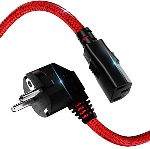1m Câble d’Alimentation 3 pôles,Nylon Câble d'alimentation Universel EU Schuko CEE 7/7 sur IEC60320 C13 avec VDE pour moniteurs, PC, imprimantes,Couleur Noire