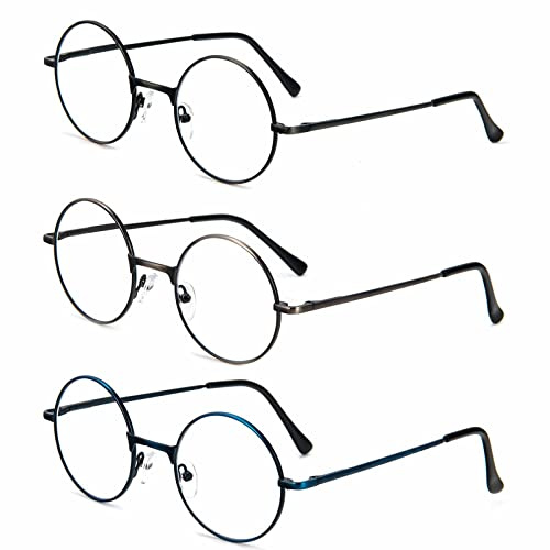 KoKoBin 3er-Pack Lesebrille mit rundem Rahmen Blaulichtblockierendes Lesegerät Metall Vollrahmen Anti Blaulicht Retro-Brille Herren und Damen (3 Stück, 2.00, diopters)