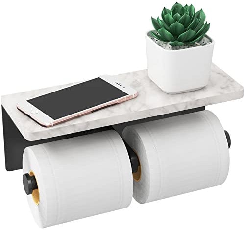 Gypie Toilet Paper Holder with Shelf, New Upgrade Double Toilet Paper Holder with Storage, Marble Roll Toilet Paper Wall Mount for Bathroom Washroom(Black)