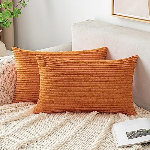 EMEMA Kissenbezug 30x50 cm Herbst Kordsamt Kissenbezüge Dekokissen Sofakissen Cord Kissenhülle Zierkissenbezug Kord Dekorative Weiche für Sofa Wohnzimmer Schlafzimmer 2er Set Gebranntes Orange