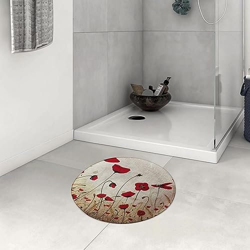 DHAEY Badezimmerteppich rutschfest Pflanze Blumen roter Mohn Waschbar Teppich rund Weich Flauschig Badteppich Weich Kurzflor Mikrofaser Badvorleger 60 cm