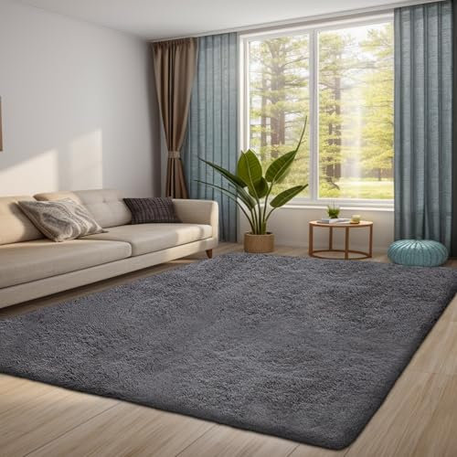 QUINZI Teppich Wohnzimmer Schlafzimmer weicher zotteliger Teppich moderner Flauschiger Teppiche Rutschfester waschbarer (Dunkelgrau, 120x180cm)