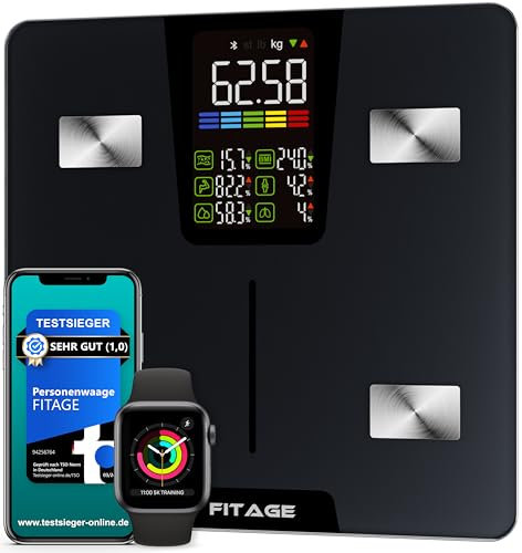 FITAGE Personenwaage digital Testsieger 2024, Körperwaage bis 225kg, Körperfettwaage mit 17 Körpermesswerten, Körperanalyse mit App, Waage mit Körperfett und Muskelmasse mit großem LED-Display