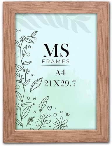 A4 Oak Picture Frames (8.3 x 11.7 Inch) Poster Frame - Clear Acrylic Display Poster MDF Wooden Portrait/Panoramic - Flat Wall Mount Hang Hooks & Free Tabletop Stand (21 x 29.7 cm)
