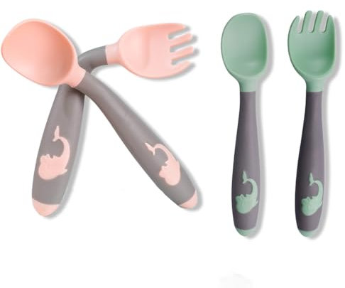 WKRTDY Set de Cubiertos de Aprendizaje para Bebés, 4 piezas con Cuchara y Tenedor de Silicona con Mango Flexible, Entrenamiento para Bebés a partir de 6 Meses