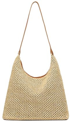 Kememo Straw Bag for Women, Summer Beach Bag, Weave Handmade Tote Bag with Zipper, Bohemian Shoulder Handbag for Beach Travel, Brown