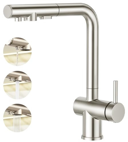 Aktines 3 Wege Küchenarmatur mit 3 Funktion Brause ausziehbar, Spültischarmatur Spülenarmatur Armatur Wasserhahn Küche für Wasserfilter Osmoseanlagen Edelstahl gebürstet 110234