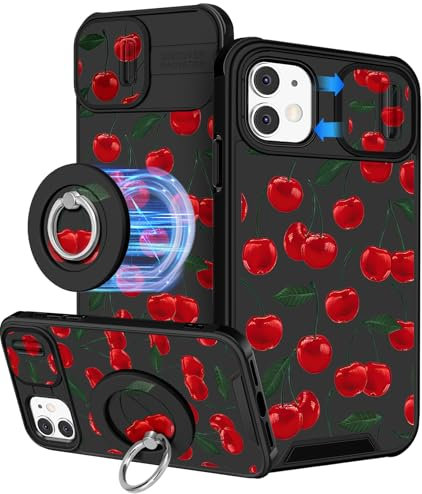 VincitoreModa for iPhone 11 Case Women - [2in1] Cute Girls Cherry Compatible with MagSafe Ring Stand Girly Slide Camera Cover Design for Apple for iPhone 11 Phone Case 6.1