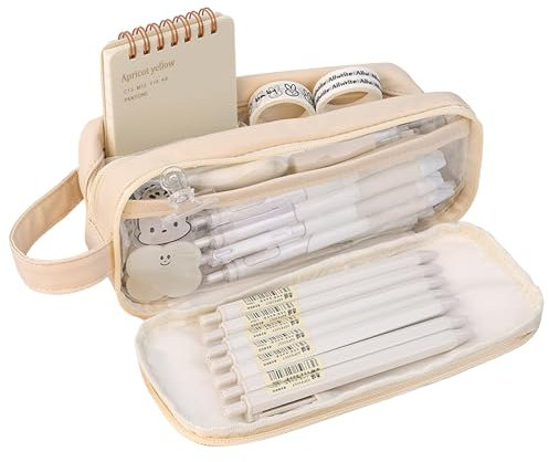 Hshenjhu Federmäppchen Mäppchen,Federtaschen Mäppchen 5 Fächer,Große Kapazität Wasserdicht Stoff Pencil Case,Federmappe Teenager Reißverschluss mit Tragegriff für Schule, Büro（Milch Aprikosenweiß）