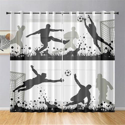 Mateju 2er Set Voile Gardinen mit Ösen, 3D Fußball Gardinen Wohnzimmer,Vorhang Transparent für Schlafzimmer Küchengardinen (Fußballspiel,55 x 95 cm)