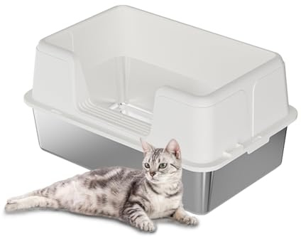 GarveeMore Katzentoilette aus Edelstahl, XXL, Katzentoilette, halbgeschlossen, auslaufsicher, abnehmbar, Katzentoilette, 60 x 40 x 36,5 cm, Weiß