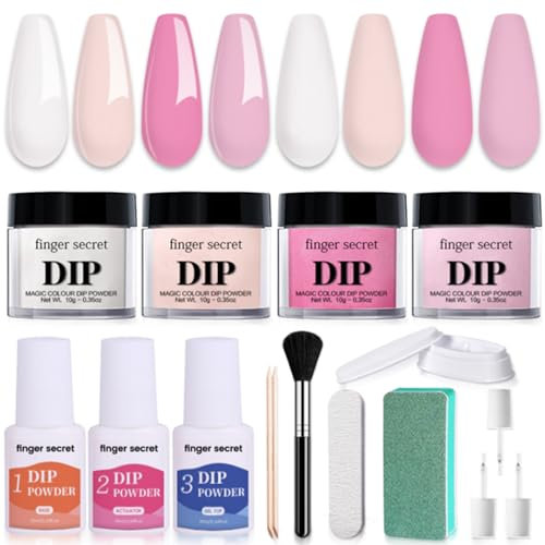 Nail Dipping Powder Kit - 4Colors Nude Clear Pink Rose Acrylic Dipping Powder Nail Set - Natural Glossy Dip Powde Starter Kit with Base,Top Coat and Activator,Brush - French Manicure at Home DIY