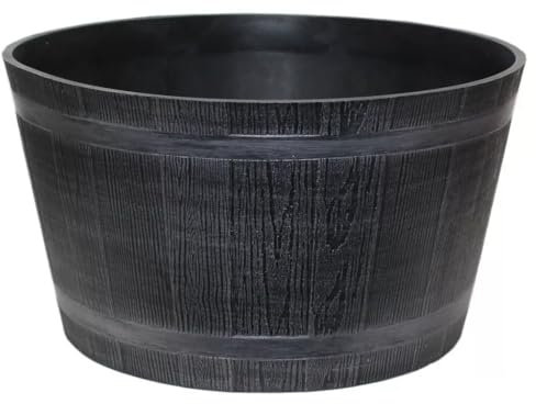 Muddy Hands Wooden Barrel Effect Plant Pot Round Indoor Home Outdoor Garden Flower Tree Plastic Planter Water Feature (Diameter: 30cm - Height: 19cm) (Grey)