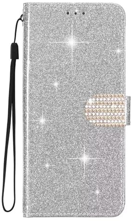 SEHEYA for iPhone 14 Pro Max Glitter Wallet Case Premium PU Leather TPU Shiny Sparkly Flip Cover with Card Holder Rhinestone Design Magnetic Closure Bling Buckle Purse, Silver