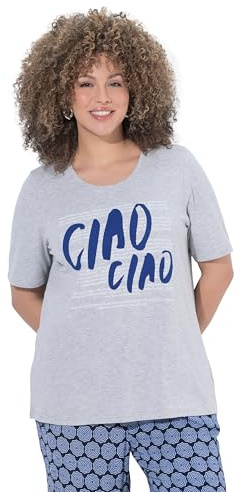 Ulla Popken Damen große Größen Übergrößen Plus Size T-Shirt, Ciao Ciao, Classic, Rundhals, Halbarm hellgrau mélange 42+ 847941134-42+
