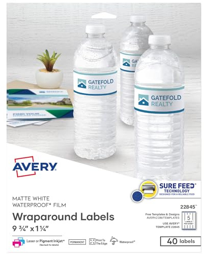 Avery Durable Waterproof Wraparound Rectangle Labels with Sure Feed Technology, 1-1/4 x 9-3/4, Matte White, 40 Customizable Labels for Laser and Pigment-Inkjet Printers (22845)