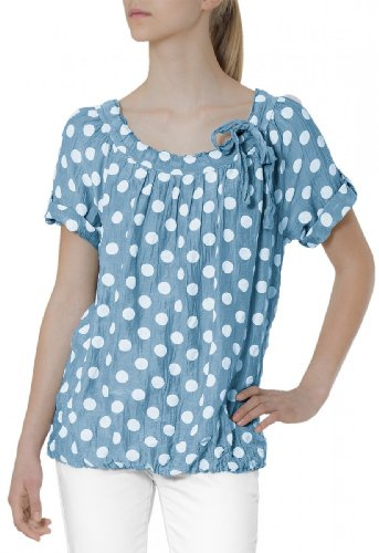 Caspar BLU001 Damen leichte Seiden Sommerbluse mit weißen Punkten, Farbe:blau