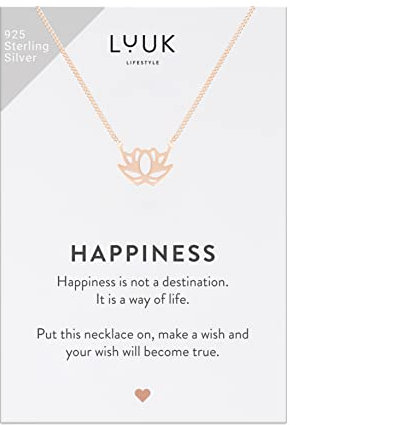 LUUK LIFESTYLE Halskette mit Lotus Anhänger für sie, wasserfest, schlankes, modernes Design, mit HAPPINESS Geschenkkarte, verstellbare filigrane Kette, femininer Schmuck für Geburtstag, Rosé