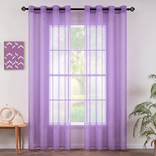 MIULEE 2er Set Sheer Voile Vorhang mit Ösen Transparente Gardine aus Voile Polyester Ösenschal Transparent Wohnzimmer Luftig Dekoschal für Schlafzimmer 140 X 225 cm (B x H), Grommet Top Hellpurpur