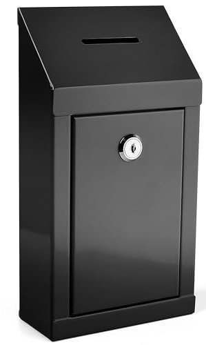 Metall-Spendenbox – Stahl-Sammelbox mit sicherem Schloss, 2 Schlüssel, Wandhalterung, 25,4 x 15,2 x 6,3 cm (Schwarz)