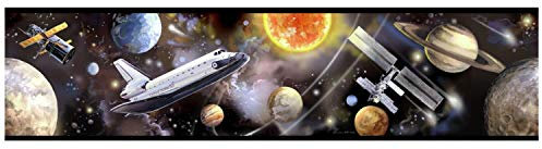 RoomMates RMK4408BD Selbstklebende Bordüre Voyage au Espace Voyage Dans la Espace Vinyl, schwarz, weiß et gelb, 12,7 cm x 4,57 m