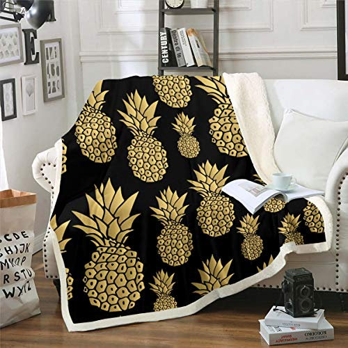 Ananas Flanell Fleecedecke Tropenfruchtdruck Wohndecke Frisches Ananas Muster Decke für Schlafsofa Couch Luxus Flanell Fleecedecke Gold Schwarz Raumdekor Decke 150x200cm