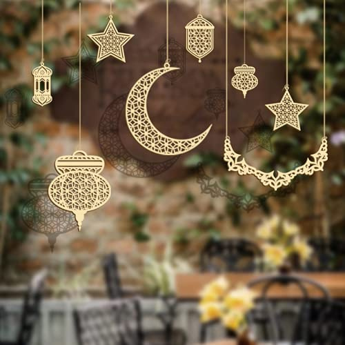 9 Stück Eid Mubarak Dekoration hängende Ornamente Anhänger Muslim Ramadan Ruzi Lesser Kareem Eid Bairam Holzkugeln DIY Handwerk Mond Stern islamisch Eid al-Fitr Balram Party Supplies Baum Home Decor
