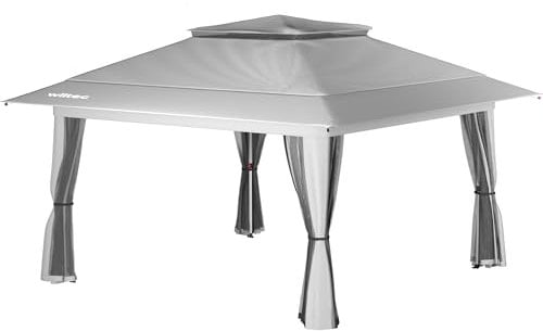 Wiltec Pavillon de réception Pliante – 4 x 4 x 2,87 m – Couleur Gris Clair – avec Protection Anti-moustiques Sac et Roues – Tente Tonnelle de Jardin Fête Camping
