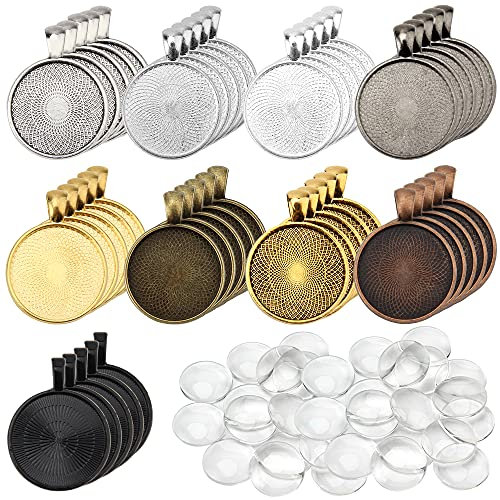 JSMTKJ Anhänger Tablett 45 Stücke Cabochon Set Rund Anhänger Lünette mit 25mm Glas Cabochons in 9 Farben für DIY Handwerk Schmuckherstellung