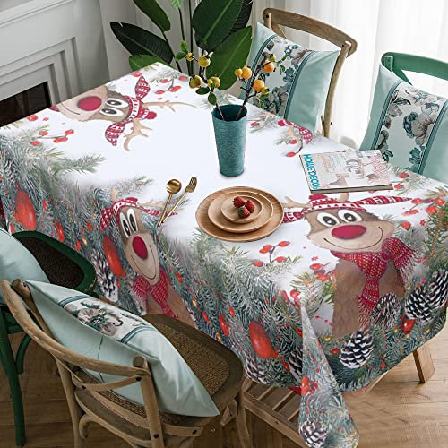 YPLonon Weihnachten Tischdecke 80x120cm Elchen Tischdecke Druck-Motiv Elch Fichten Tannenzapfen Rote Beere Weihnachtstischdecke Rechteckige Abwaschbar Esstischdecke für Party Familienessen Tischdeko