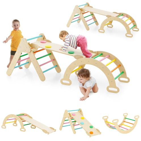 GOPLUS 7 en 1 Triangle Arche Montessori, Arche d'escalade Enfants avec Toboggan Bois,Rampe, Échelle Réglable, Charge 50KG, pour Tout-Petits Bébé 1 Ans+(Multicolore)