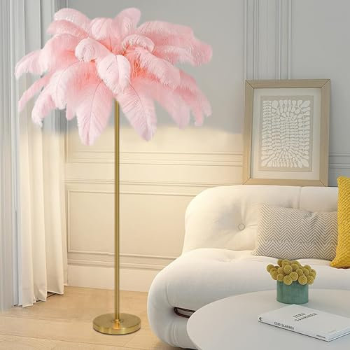 ANram Feather Floor Lamp, Natural Ostrich Feather Standing Lamp, Simple Bedroom and Living Room Decor Lamp, Golden Lamp Body, 3-Color Dimmable with G4 LED Bulb