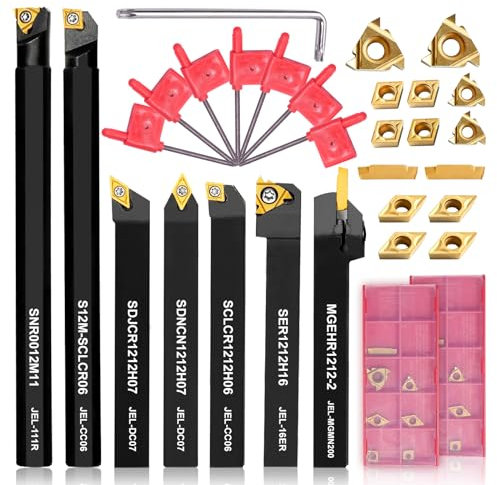 Fachmach Lathe Turning Tool Kit 12mm Shank 7 Pcs Metal Lathe Tool Holder Set for Turning Grooving Threading Boring with 14 Pcs Carbide Inserts Turning Inserts Carbide Turning Tool (12mm, 14INSETS)