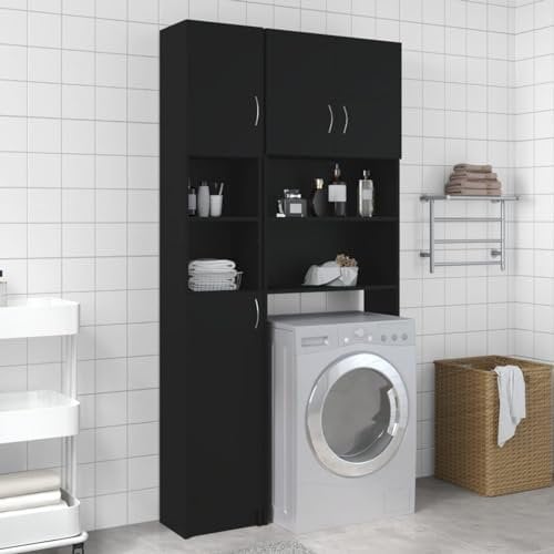 Gecheer Armadio da Bagno Nero 32x25,5x190 cm in Truciolato, Scaffale Sopralavatrice Con Ripiani, Mobile Bagno Salvaspazio, Mobile Sopra Lavatrice