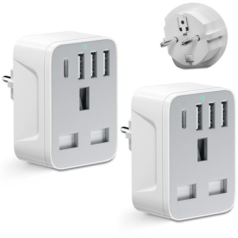 European to uk plug adapter,travel adapter UK to European Plug with 1*USB C & 3*USB A Ports,European Travel Adapter for Germany Spain France Turkey Greece Iceland(Type E/F) (2 pack)