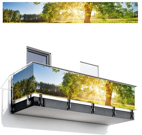 MuchoWow© Balkon Sichtschutz Einseitig Groß PVC Seitenwand Terrassen für | 75x500 cm - den Garten ohne bohren Wetterfest Seitlich Zaun Terrasse Balkon Dekoration Baum - Sonnenuntergang - Landschaft