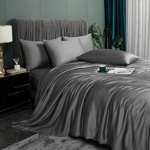 Luofanfei Bambus Bettwäsche 200x200 cm Grau Anthrazit Sommer Kühlende Uni Bambusfasern Lyocell Glänzend Bettwäsche Set Atmungsaktiv Bamboo Bettbezug und Kissenbezüge 80x80 cm mit Reissverschluss