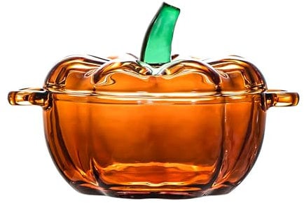 binsakao Glass Bowl with Lid, 16.7 oz Microwave & Dishwasher Safe Soup Bowl with Handle, Pumpkin Decor Storage Jar for Home Thanksgiving Halloween Party, Pumpkin Dish