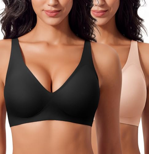 Ganado Damen BH Tiefem V-Ausschnitt Nahtloser BH Soft Bequem Bügellos Bustier (Schwarz+Beige-Weite Träger, L)