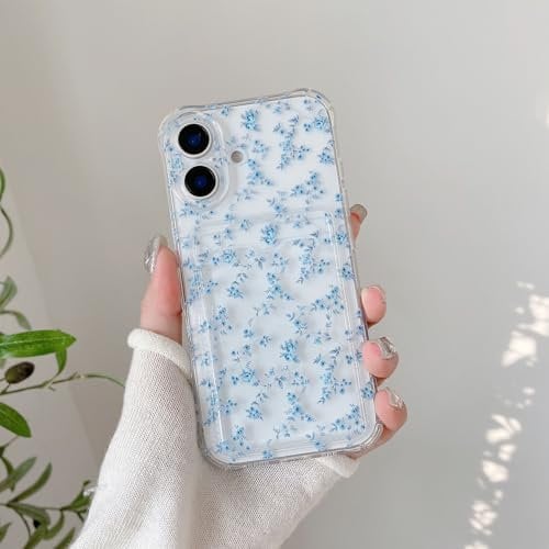 ZCDAYE Floral Clear Case for iPhone 16 with Card Holder, Elegant Cute Flower Woman Phone Case, Soft TPU Shockproof Protective Phone Cover for iPhone 16 (6.1 inch), Elegant Blue